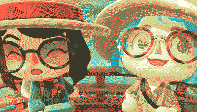 Screenshot of me and my girlfriend in Animal Crossing: New Horizons. We’re both wearing hats and sunglasses and have fishing rods. My girlfriend is on the left looking down at her phone with a happy expression, and I’m on the right looking at the camera and grinning with sparkles next to my face.