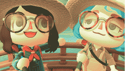 Screenshot of me and my girlfriend in Animal Crossing: New Horizons. We’re both wearing hats and sunglasses and have fishing rods. My girlfriend is grinning at the camera with her free arm raised, and I’m looking at her with a content expression